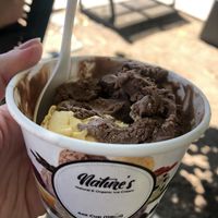 Vegan chocolate ice cream on top of vegan mango ice cream.   at Nature's Organic Ice Cream in Fremont