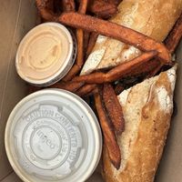 Mushroom Au jus made vegan with yam fries and chipotle aioli  at SEA - Floret in Seattle