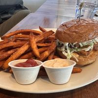 Fried tofu burger and sweet potato fries   at SEA - Floret in Seattle