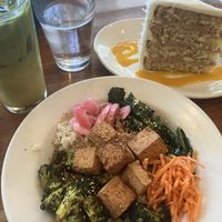 Grain bowl (no mushrooms, add tofu), Mango match latte (with soy milk), and coconut cake   at SEA - Floret in Seattle