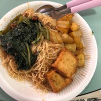 Beehoon, fried tofu, potatoes and sambal sweet potato leaves at Toa Payoh Lorong 8 - Vegetarian Stall in Central Singapore