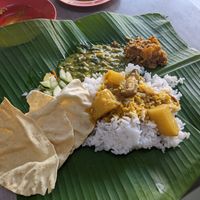 Rice dish served on a banana leave (later got some tofu and fried mashrooms) at Selvam in Malacca