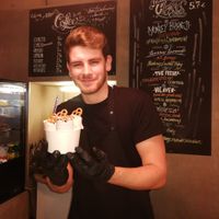 Showing off his vegan handywork at Delabuu Ice Cream in Berlin