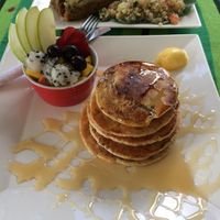 Vegan pancakes with fruit, syrup and hopefully vegan margarine? at Duni in Minca