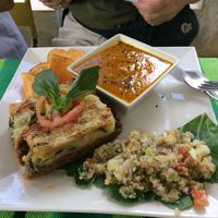Vegan menu of the day (pumpkin soup, lentil/vegetable/mashed potatoes from the oven and quinoa salad)  at Duni in Minca
