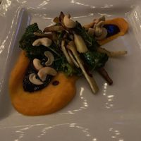Vegan appetizer:

Parsnips + Pumpkin | (GF, VEGAN)
fresh butternut squash puree, red wine guava sauce, roasted parsnips, sautéed garlic dinosaur kale, toasted cashews at Lime Inn Bar & Restaurant in St John