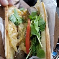 Weekly special brat paffle. I loved the gravy! at Iron Paffles & Coffee in Charlottesville