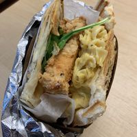 Fried tofu w vegan Mac, vegan sriracha Mayo and greens at Iron Paffles & Coffee in Charlottesville