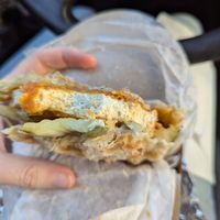 Nashville Hot Tofu with vegan mayo & pickles. Ate it before I took a picture- it was delicious! at Iron Paffles & Coffee in Charlottesville