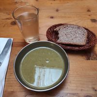 Starter - soup and bread at Krishna Lunch in Barcelona