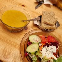 Salad, soup and bread (we asked if the salad was vegan and they argued it was!) at Krishna Lunch in Barcelona