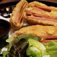 Vegan crispy "ham" & "cheese" small plate at Huntington Ramen & Sushi in Fullerton