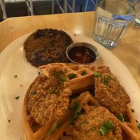 chicken and waffles from new brunch  at MeeT in Yaletown in Vancouver