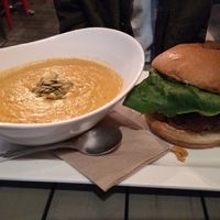 A burger (forget which) with pumpkin soup  at MeeT in Yaletown in Vancouver