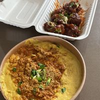 Mac and Cheese with Butter Chicken + Cauliflower Wings   at MeeT in Yaletown in Vancouver
