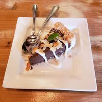 Chocolate torte with vanilla ganache and coconut crust at MeeT in Yaletown in Vancouver