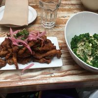Oyster mushroom calamari and kale with miso cashew sauce at MeeT in Yaletown in Vancouver