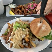 Crispy BBQ Burger with Poutine Fries and Calamari at MeeT in Yaletown in Vancouver