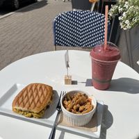 Philly Cheese Panini with feature chickpea salad for the side and a Berry Smoothie  at Gratify Foods in Penticton
