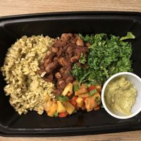 Burrito bowl with BBQ beans and fresh peach salsa  at Honest Kitchen in Halifax