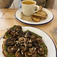 Moroccan lentil soup with sourdough & kale pesto with mushrooms on sourdough 😍 yum!!   at Steep & Filter in Skipton