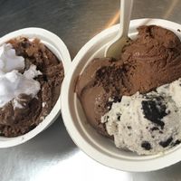 Vegan ice cream - chocolate salt malt, cookies-n-cream, and original chocolate - with vegan whipped cream. at The Pop Shop in Frederick
