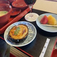 Fruit and really good baked eggplant that came later (also part of cheapest menu). Ignore the wine...   at Tenryuji Temple Shigetsu in Kyoto
