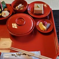 Goma-dofu (sesame tofu), soup, Tsukemono, Hojicha, etc at Tenryuji Temple Shigetsu in Kyoto