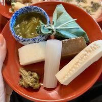 Pickled veggies and okra and a mochi wrapped in a leaf  at Tenryuji Temple Shigetsu in Kyoto