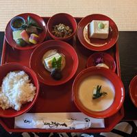 Part one of the smallest meal. Potato soup in bottom right corner was a surprise favourite, and the flavour of the two tofu dishes (centre and to right) were incredible at Tenryuji Temple Shigetsu in Kyoto
