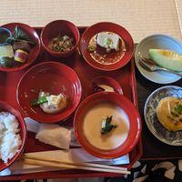 Photo including miso eggplant (bottom right) at Tenryuji Temple Shigetsu in Kyoto