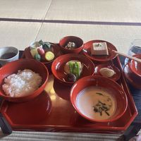 The Yuki set: rice, soup and five side dishes.   at Tenryuji Temple Shigetsu in Kyoto