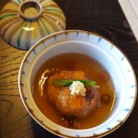 fried potato dumpling with mushrooms at Tenryuji Temple Shigetsu in Kyoto