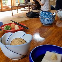 Red plate has the spices for the boiled tofu at Seizan Sodo in Kyoto