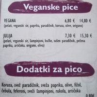 vegan pizzas menu (in Slovene) at Amfora in Ptuj