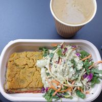 Broccoli soup $8.90, Eggplant & spinach lasagne w/3 salads $17.90 at Iku Wholefoods Kitchen - Martin Place in Sydney