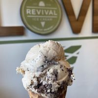 Peanut butter chip on a waffle cone  at Revival Ice Cream in Monterey