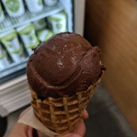 Chocolate praline dairy free ice cream, with vegan, gluten free waffle cone. at Revival Ice Cream in Monterey