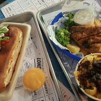Pesto meatball sub, large mac and cheese and tofish and chips. £25 at By Chloe - Tower Bridge in London