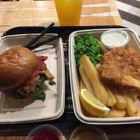 Holiday burger, “fish” and chips, and lemonade at By Chloe - Tower Bridge in London
