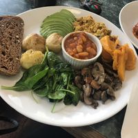 Big vegan breakfast. Tofu scramble, pumpkin, avocado, toast spinach, mushroom and baked beans   at Badde Manors in Glebe