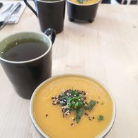 Sweet potato and cauliflower soup with cinnamon and ginger tea at O Macrobiotico in Porto