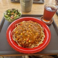 Lunch set CVE850. They tend to have 2 dishes of the day to choose from. This was a soya spag bol. at Tambake in Praia
