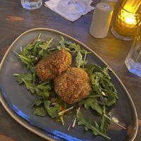 Starter: kelp cakes (made from chickpeas, potato and saffrons aioli)   at Village Pantry in Hamilton