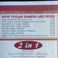 Vegan menu  at New Asia Restaurant in West Hartford