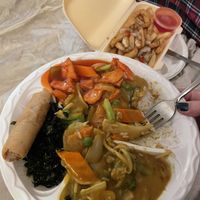 Vegetable curry, sweet and sour bean curd, ric, crispy seaweed, spring roll and salt and pepper chips at Magic Wok in Windermere