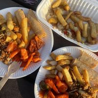 Vegetarian spring rolls, sweet and sour tofu, salt and pepper chips and vegetable fried rice (no egg) at Magic Wok in Windermere