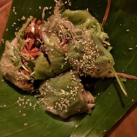 Amazing appetizer with peanut sauce! at Night Market - Vegan Wrap Stall in Pai