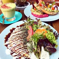 Vegan okonomiyaki, smashed avo and matcha latte at Tonic & Grace in Malvern