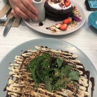 Japanese pancake/okonomiyaki (below) and chocolate pancakes above at Tonic & Grace in Malvern